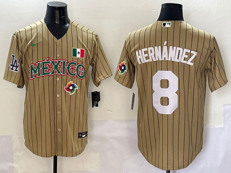 Men Los Angeles Dodgers #8 Hernandez Brown Stripe Mexico Joint Name 2025 Nike MLB Jersey style 3
